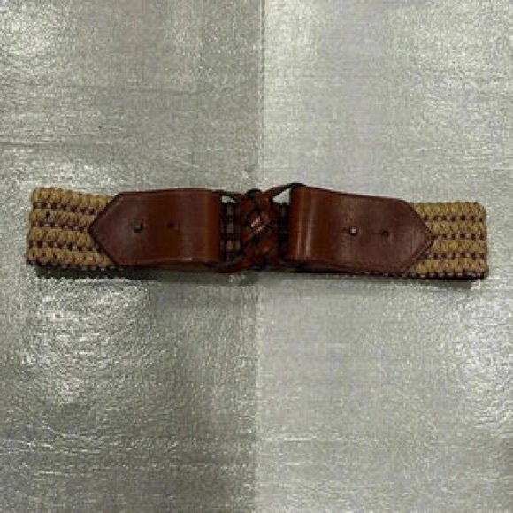 Accessories - Woven Stretch Waist Belt with Brown Leather Accents - Women